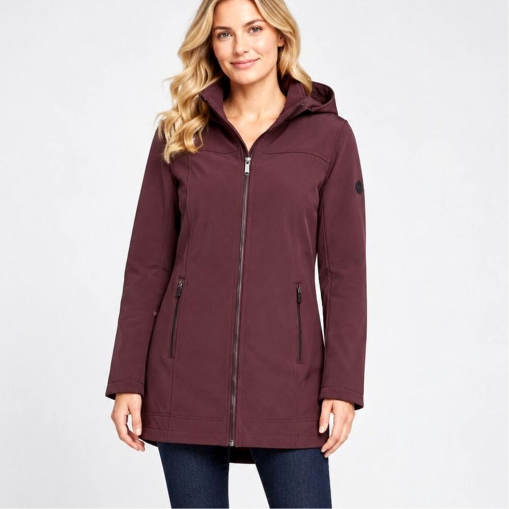 NEW! Andrew Marc L Waterproof Rain Coat $129 Softshell Long Jacket Hooded Purple
